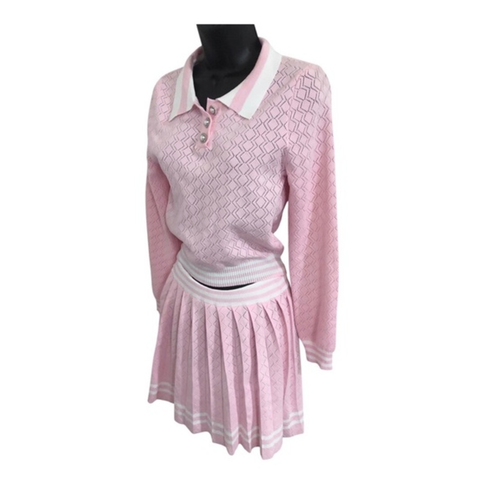2pc pink white trim pointelle knit polo top and pleated skirt set size Large